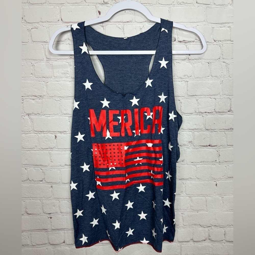 Women's Patriotic Red White Blue 'Merica Tank Top Stars Stripes flag, sz M GUC
